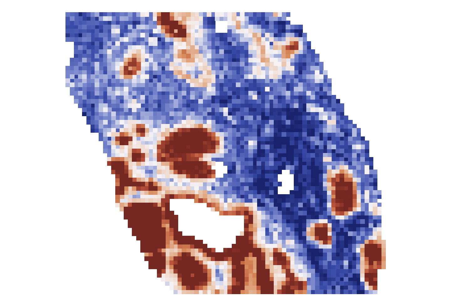 Magnified tile-level EREG predictions showing a sharply bounded coherent region