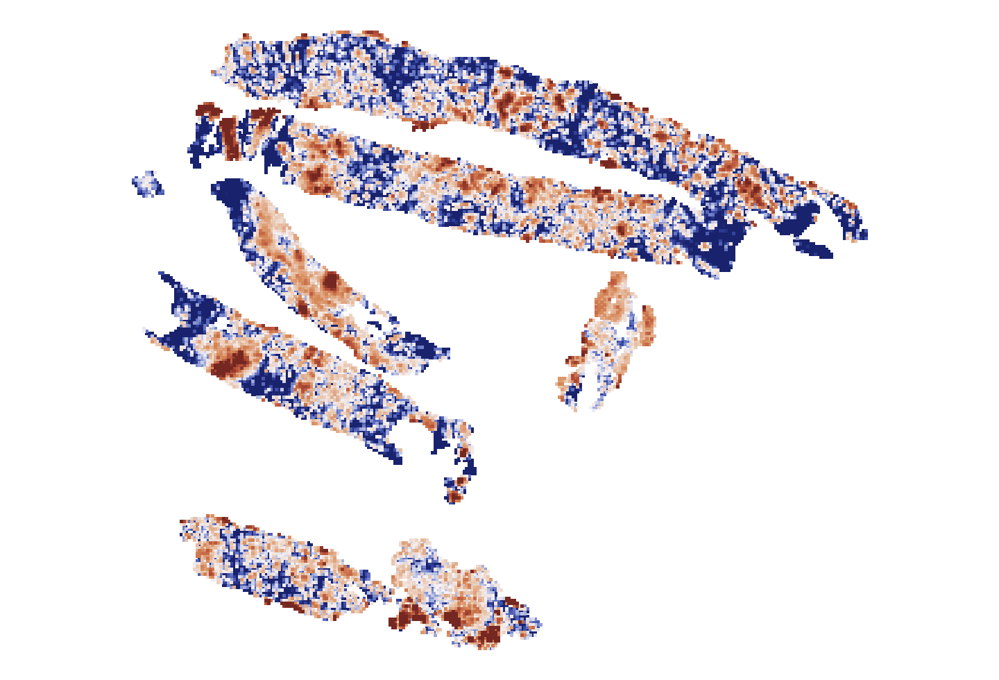 Tile-level EREG predictions alternating sharply across a triple-negative breast cancer biopsy